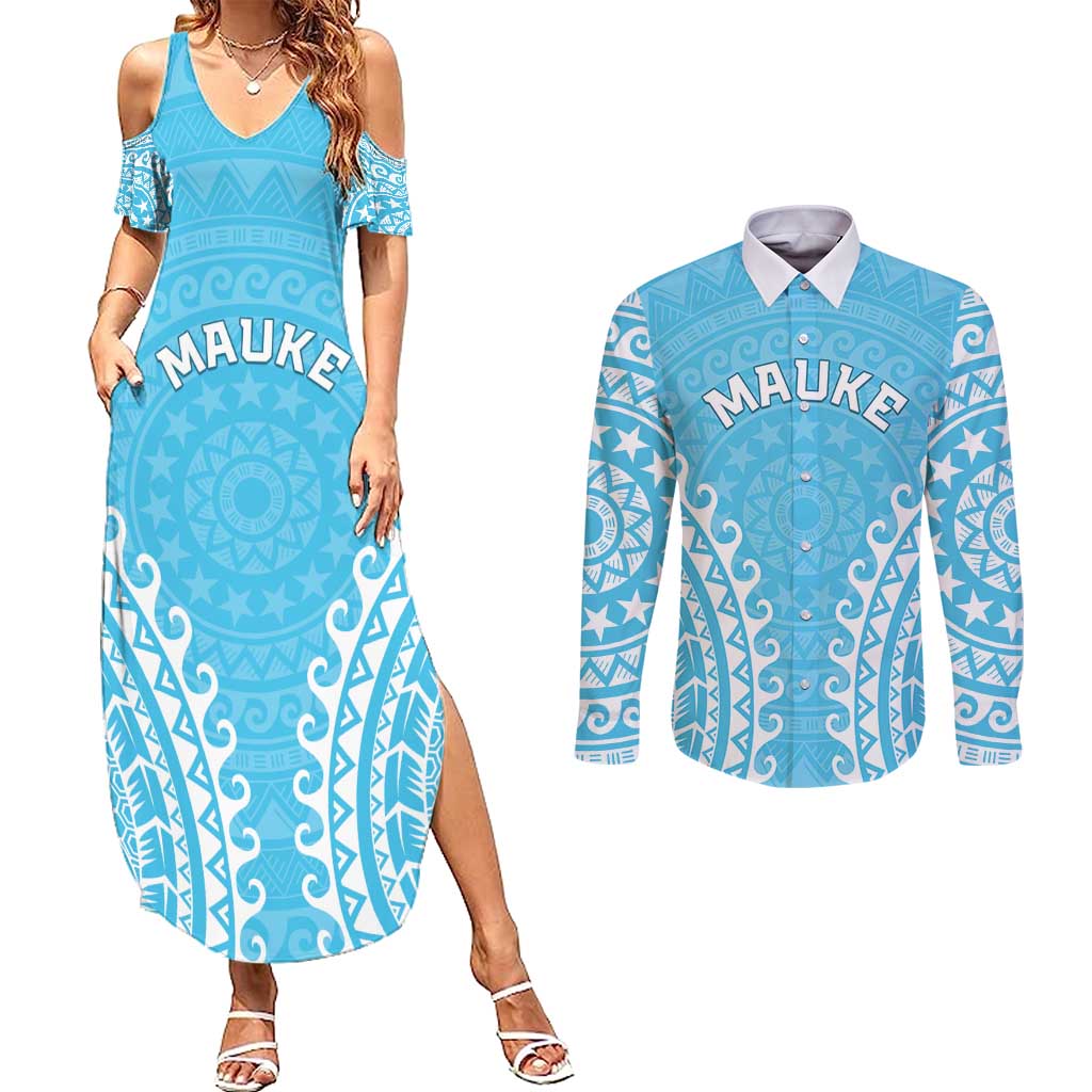 Custom Cook Islands Mauke Couples Matching Summer Maxi Dress and Long Sleeve Button Shirt Polynesian Tribal Tattoo