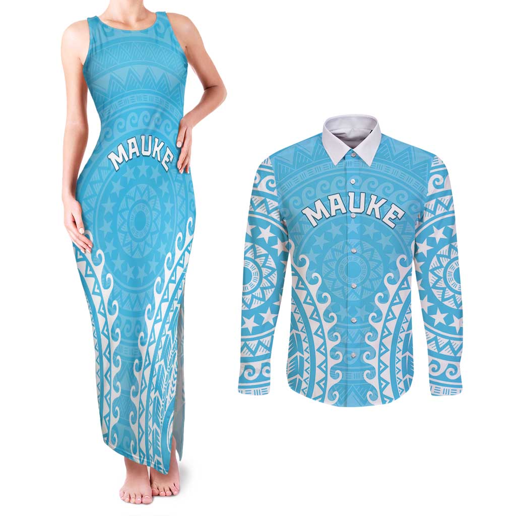 Custom Cook Islands Mauke Couples Matching Tank Maxi Dress and Long Sleeve Button Shirt Polynesian Tribal Tattoo