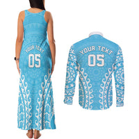 Custom Cook Islands Mauke Couples Matching Tank Maxi Dress and Long Sleeve Button Shirt Polynesian Tribal Tattoo
