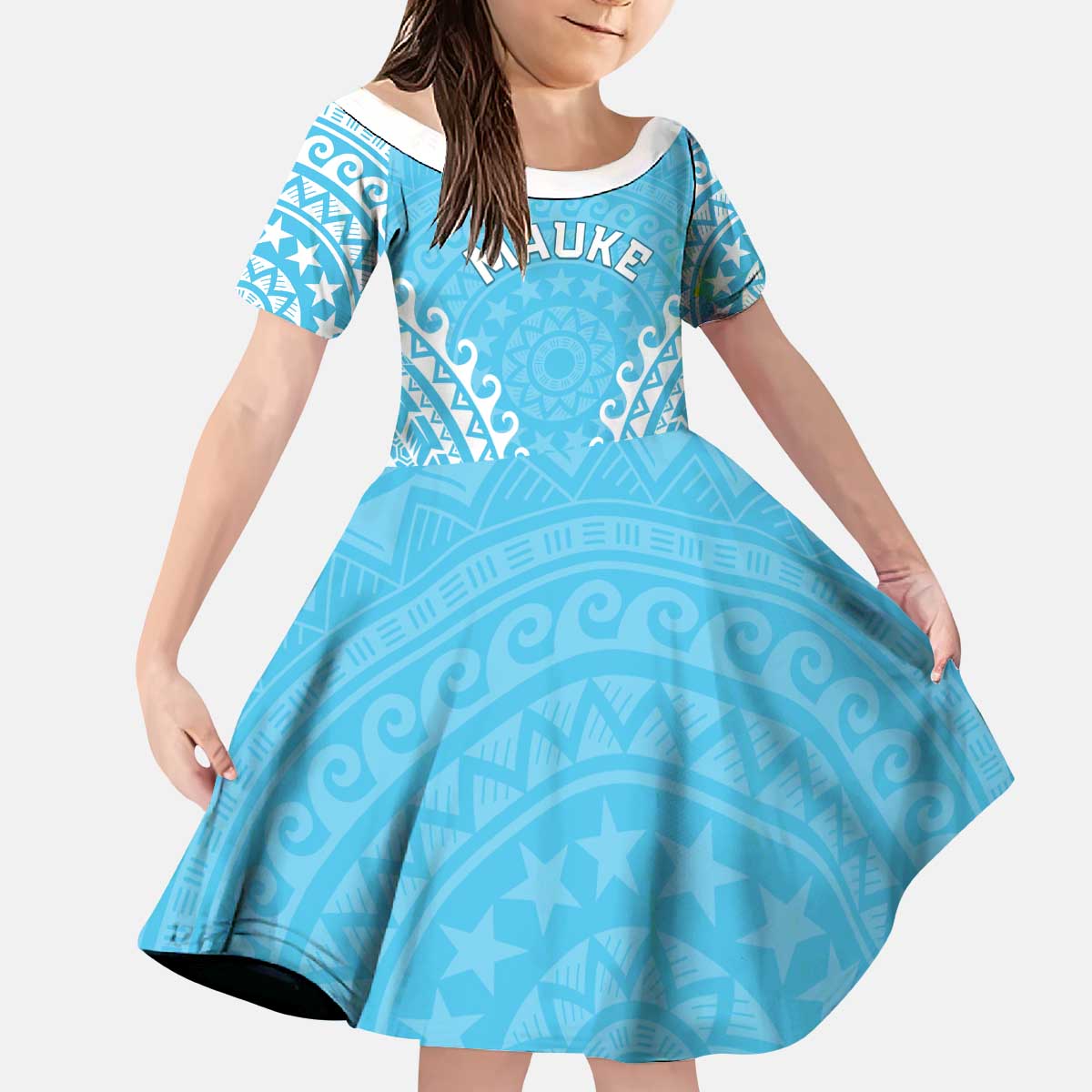 Custom Cook Islands Mauke Kid Short Sleeve Dress Polynesian Tribal Tattoo