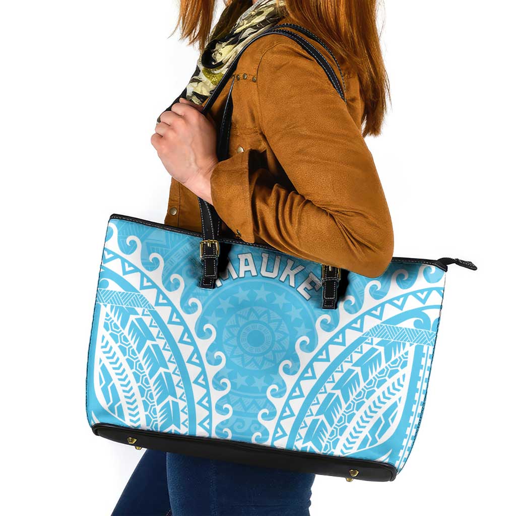 Cook Islands Mauke Leather Tote Bag Polynesian Tribal Tattoo LT05 Baby Blue - Polynesian Pride