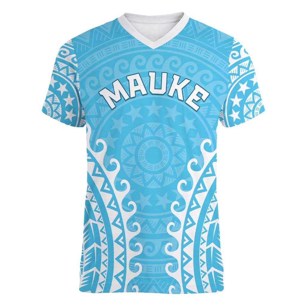 Custom Cook Islands Mauke Women V-Neck T-Shirt Polynesian Tribal Tattoo LT05 Female Baby Blue - Polynesian Pride