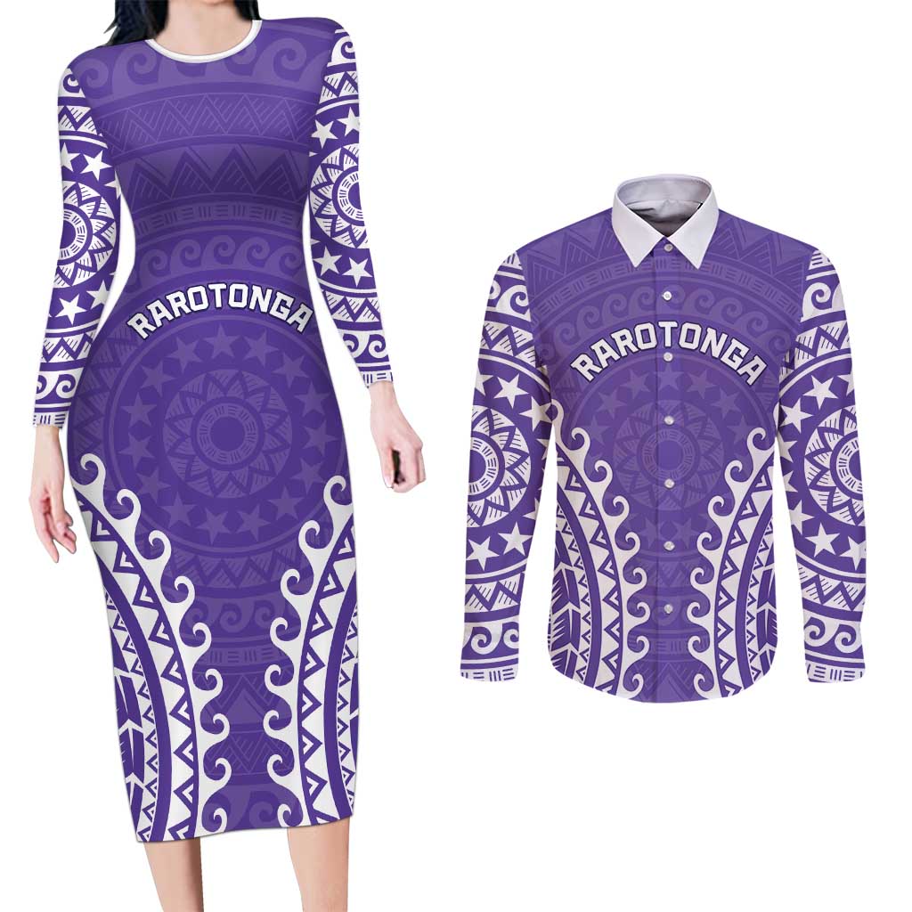 Custom Cook Islands Rarotonga Couples Matching Long Sleeve Bodycon Dress and Long Sleeve Button Shirt Polynesian Tribal Tattoo