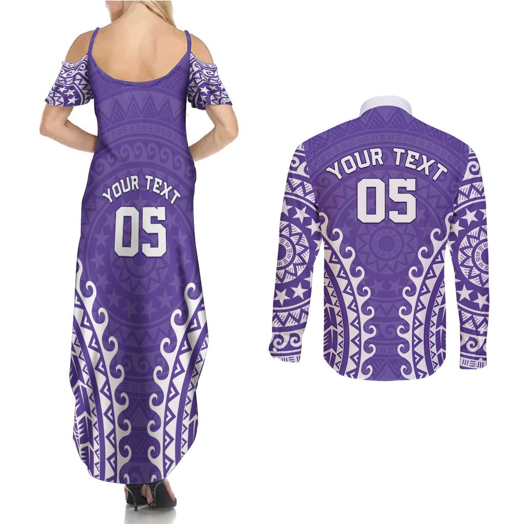 Custom Cook Islands Rarotonga Couples Matching Summer Maxi Dress and Long Sleeve Button Shirt Polynesian Tribal Tattoo