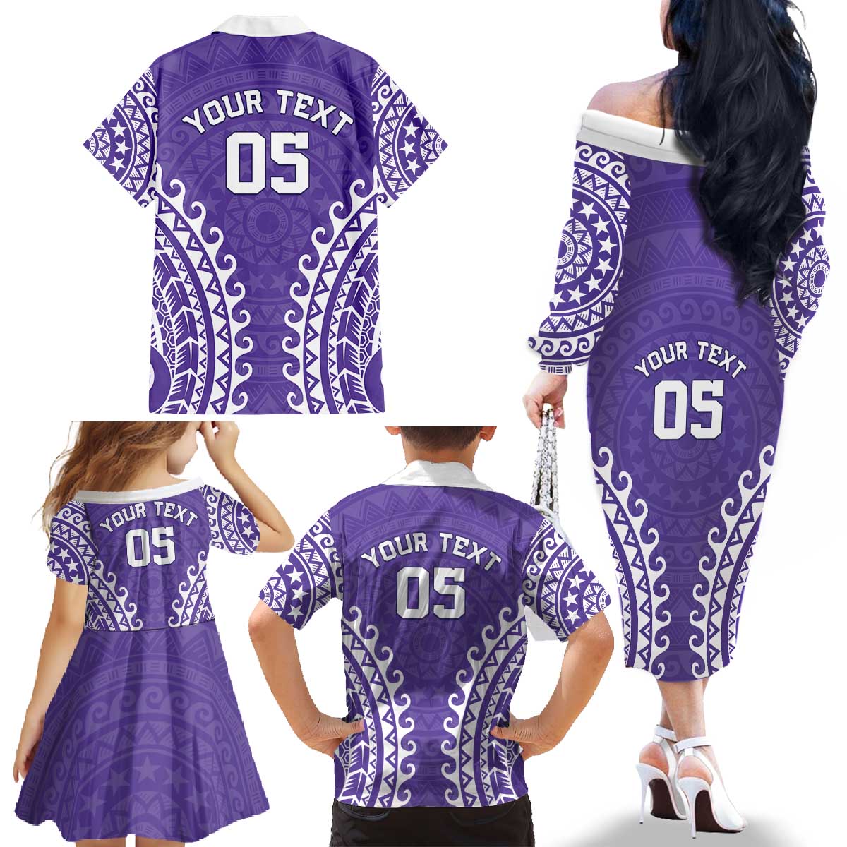 Custom Cook Islands Rarotonga Family Matching Off The Shoulder Long Sleeve Dress and Hawaiian Shirt Polynesian Tribal Tattoo