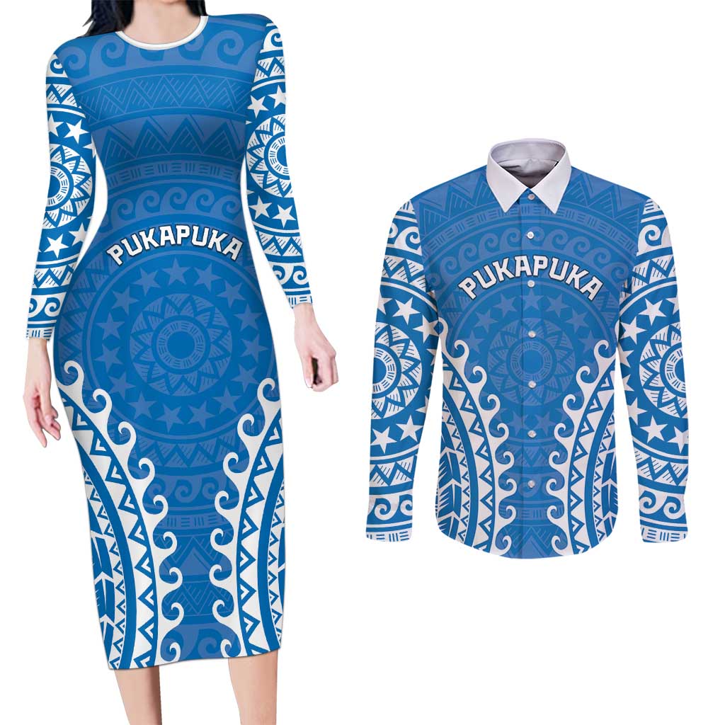Custom Cook Islands Pukapuka Couples Matching Long Sleeve Bodycon Dress and Long Sleeve Button Shirt Polynesian Tribal Tattoo
