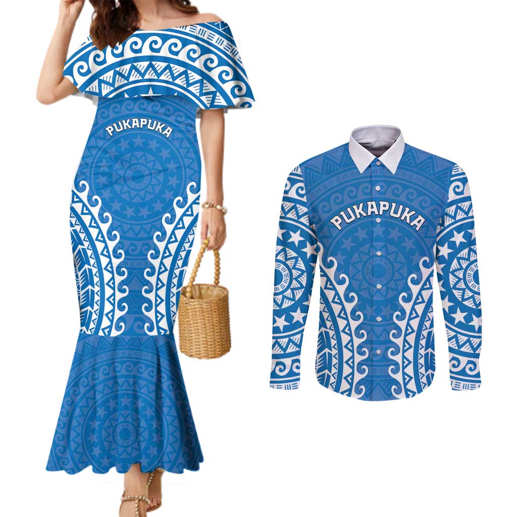 Custom Cook Islands Pukapuka Couples Matching Mermaid Dress and Long Sleeve Button Shirt Polynesian Tribal Tattoo
