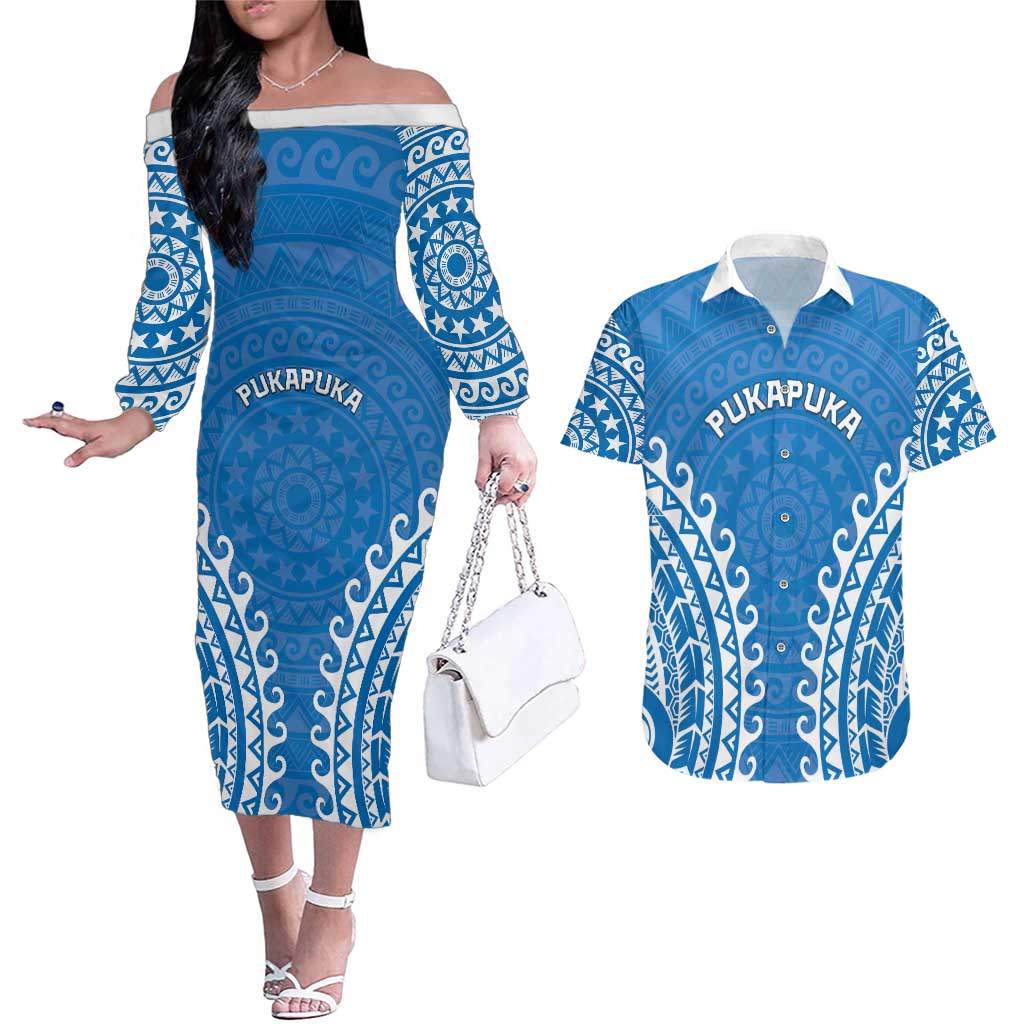 Custom Cook Islands Pukapuka Couples Matching Off The Shoulder Long Sleeve Dress and Hawaiian Shirt Polynesian Tribal Tattoo