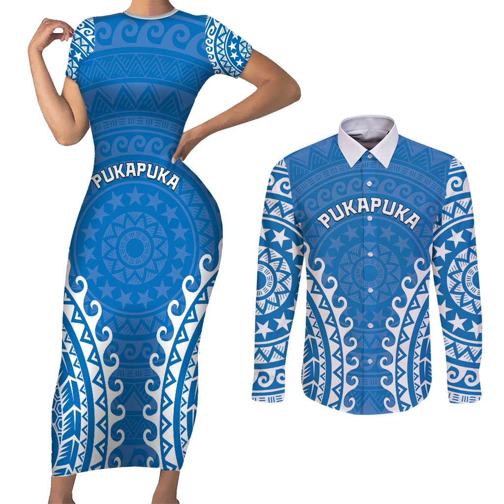 Custom Cook Islands Pukapuka Couples Matching Short Sleeve Bodycon Dress and Long Sleeve Button Shirt Polynesian Tribal Tattoo