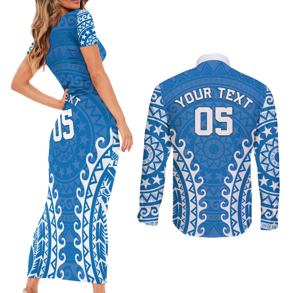 Custom Cook Islands Pukapuka Couples Matching Short Sleeve Bodycon Dress and Long Sleeve Button Shirt Polynesian Tribal Tattoo