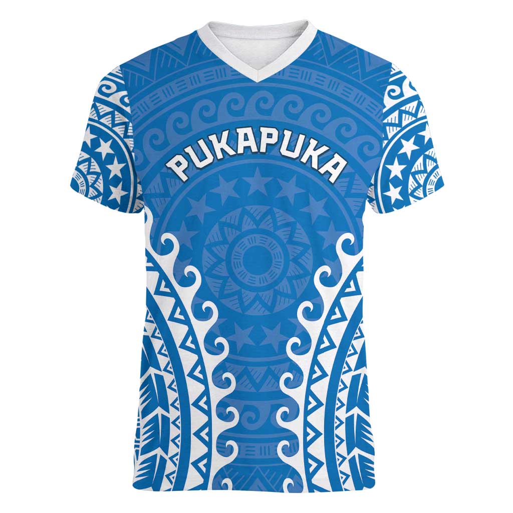 Custom Cook Islands Pukapuka Women V-Neck T-Shirt Polynesian Tribal Tattoo LT05 Female Blue - Polynesian Pride