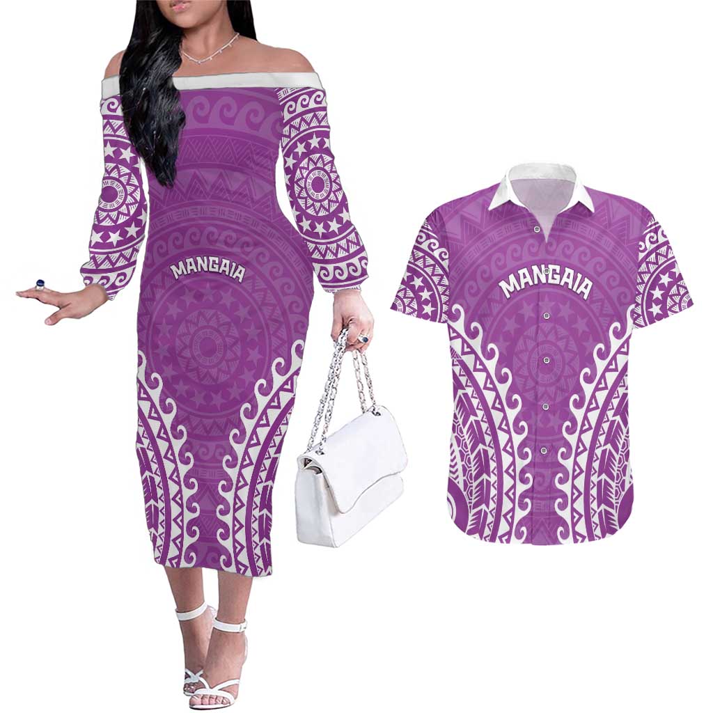 Custom Cook Islands Mangaia Couples Matching Off The Shoulder Long Sleeve Dress and Hawaiian Shirt Polynesian Tribal Tattoo