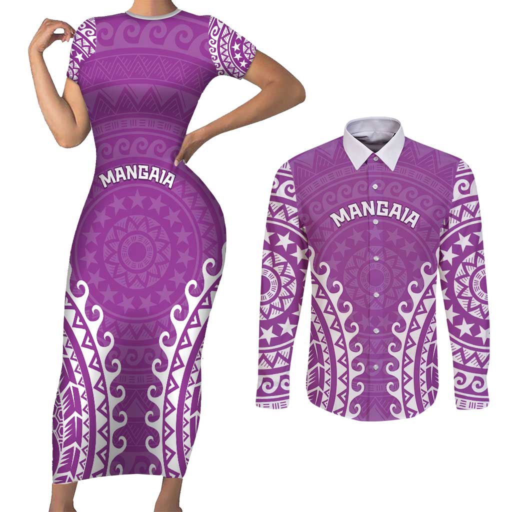 Custom Cook Islands Mangaia Couples Matching Short Sleeve Bodycon Dress and Long Sleeve Button Shirt Polynesian Tribal Tattoo