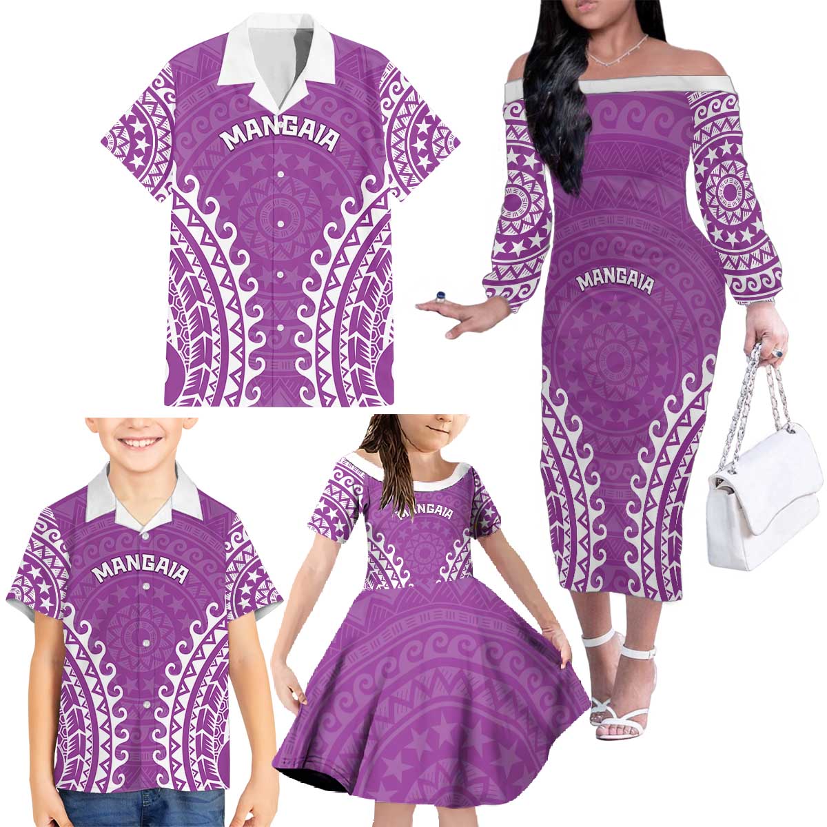 Custom Cook Islands Mangaia Family Matching Off The Shoulder Long Sleeve Dress and Hawaiian Shirt Polynesian Tribal Tattoo