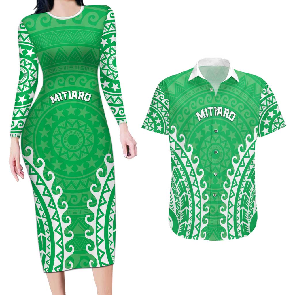 Custom Cook Islands Mitiaro Couples Matching Long Sleeve Bodycon Dress and Hawaiian Shirt Polynesian Tribal Tattoo