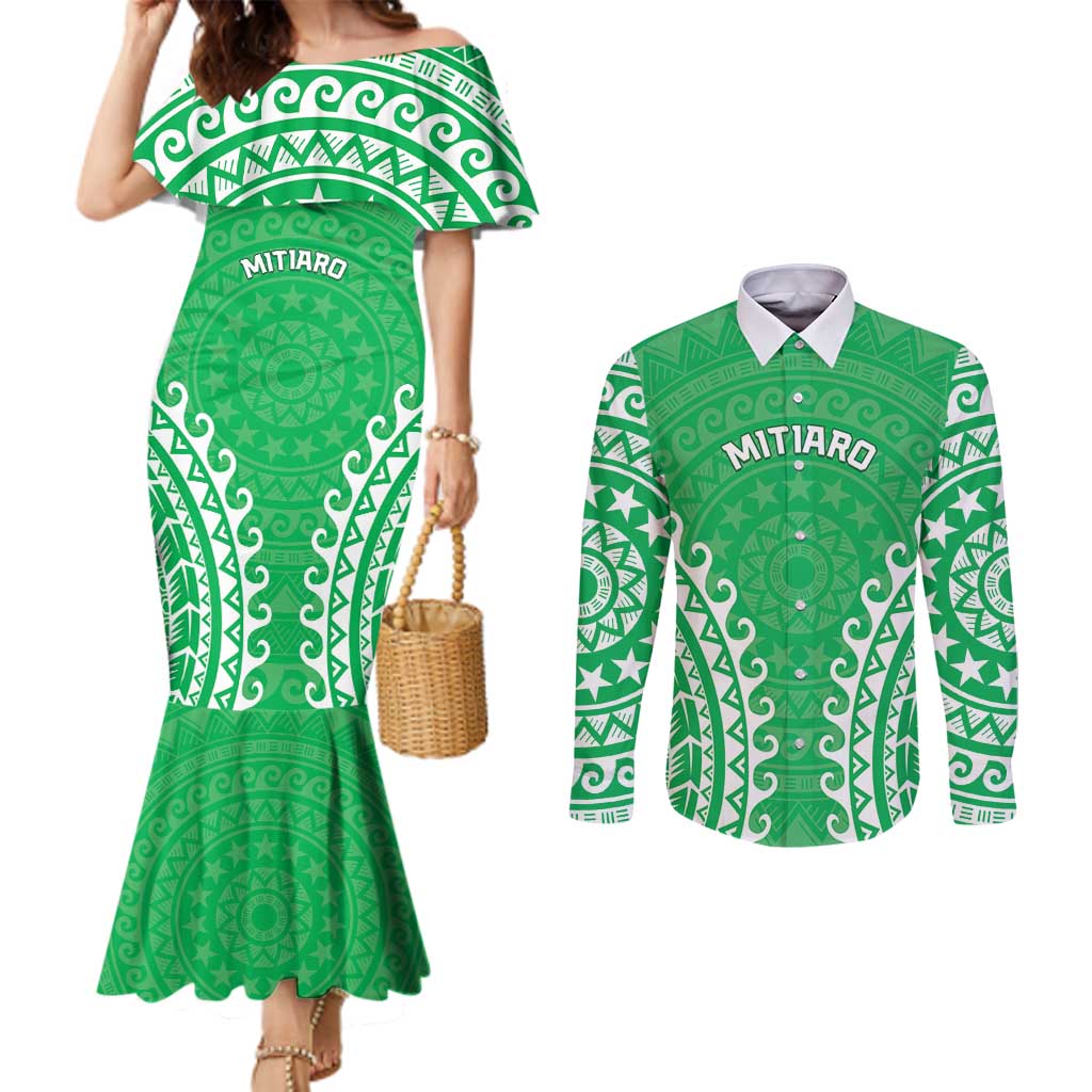 Custom Cook Islands Mitiaro Couples Matching Mermaid Dress and Long Sleeve Button Shirt Polynesian Tribal Tattoo