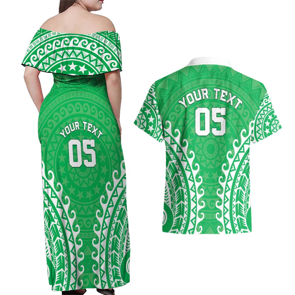 Custom Cook Islands Mitiaro Couples Matching Off Shoulder Maxi Dress and Hawaiian Shirt Polynesian Tribal Tattoo