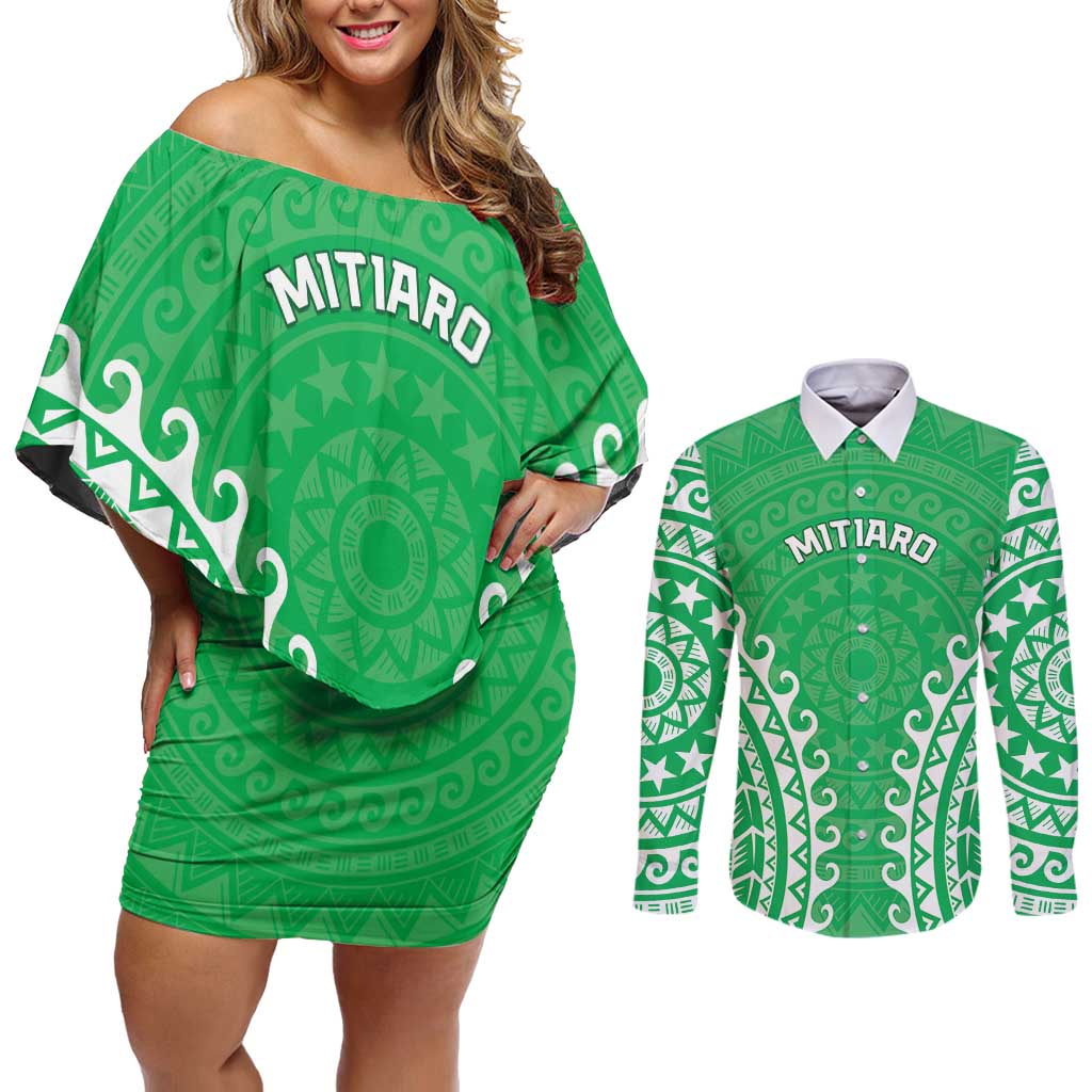 Custom Cook Islands Mitiaro Couples Matching Off Shoulder Short Dress and Long Sleeve Button Shirt Polynesian Tribal Tattoo