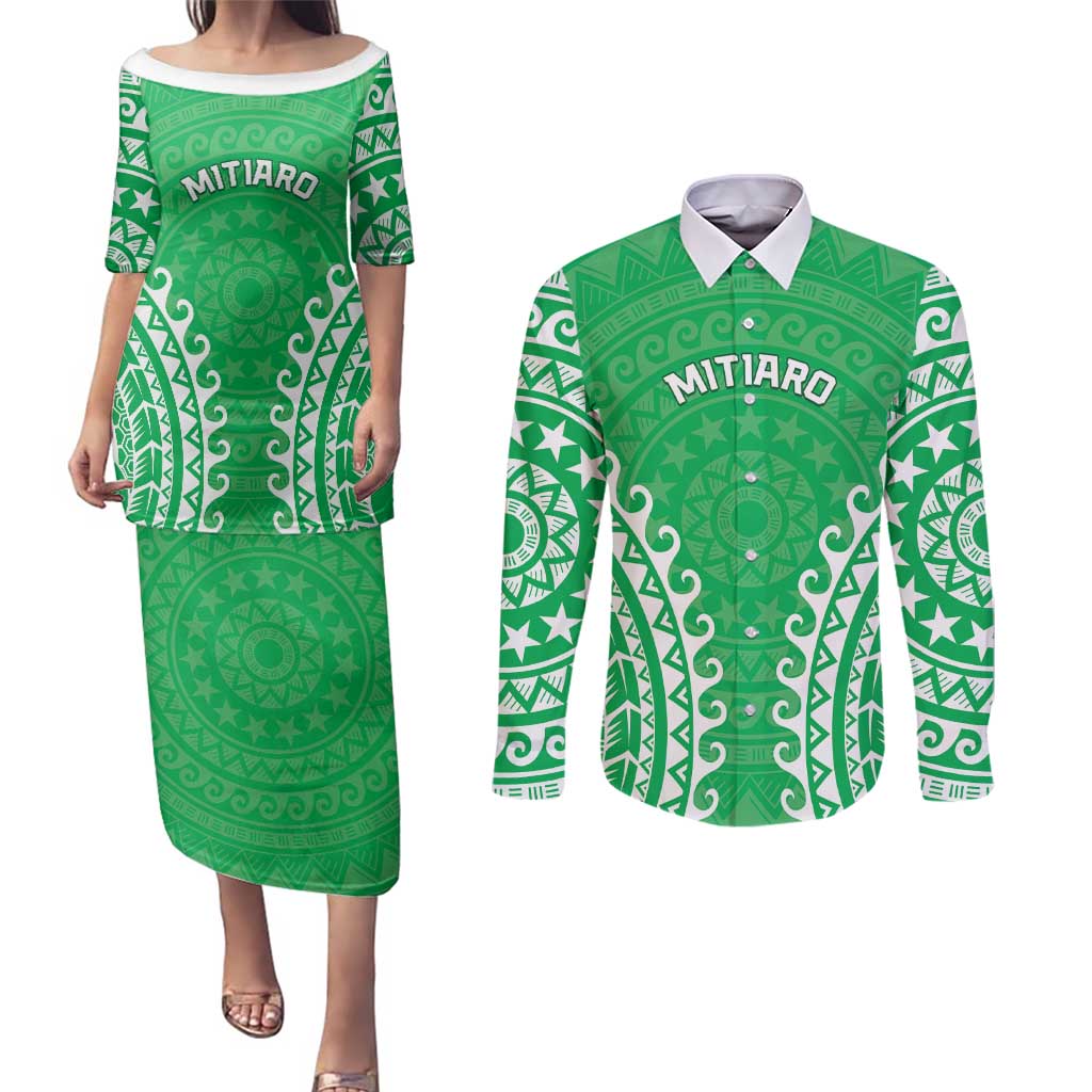 Custom Cook Islands Mitiaro Couples Matching Puletasi and Long Sleeve Button Shirt Polynesian Tribal Tattoo