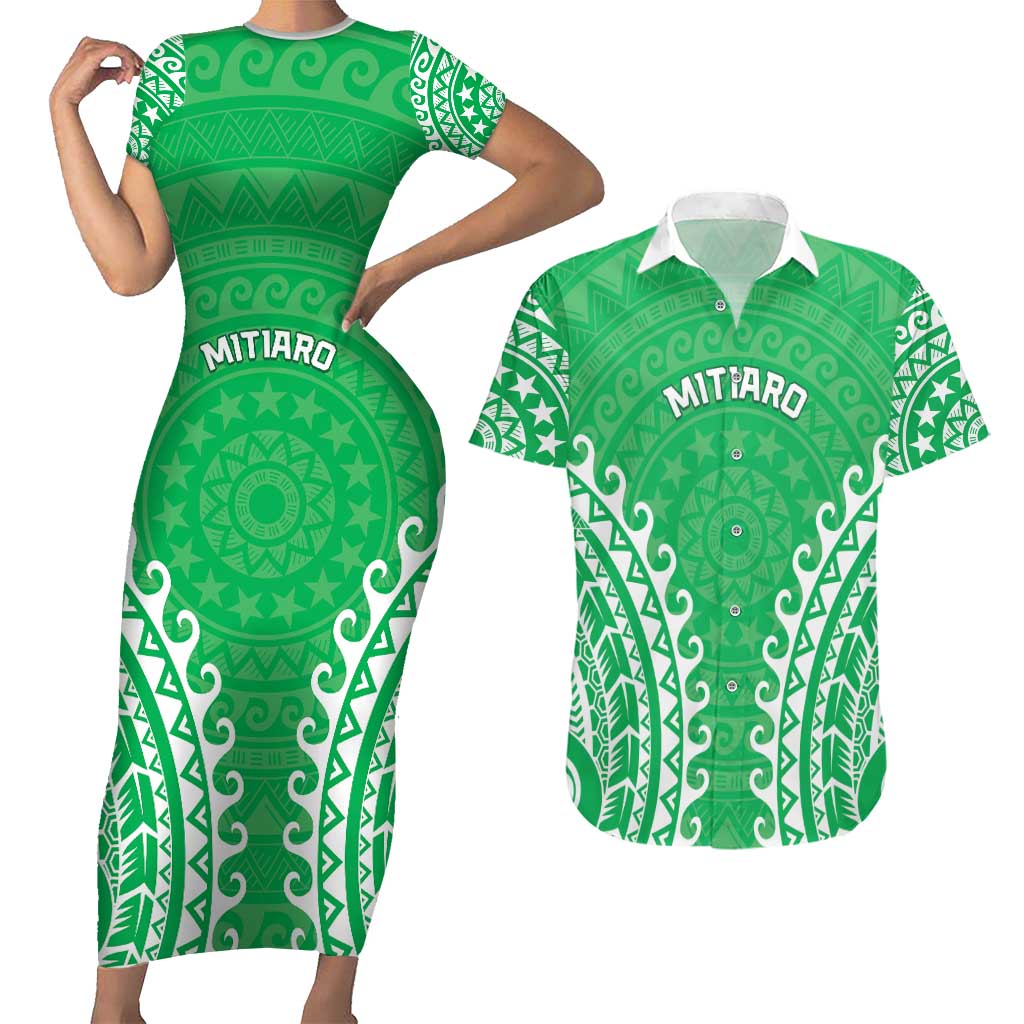 Custom Cook Islands Mitiaro Couples Matching Short Sleeve Bodycon Dress and Hawaiian Shirt Polynesian Tribal Tattoo