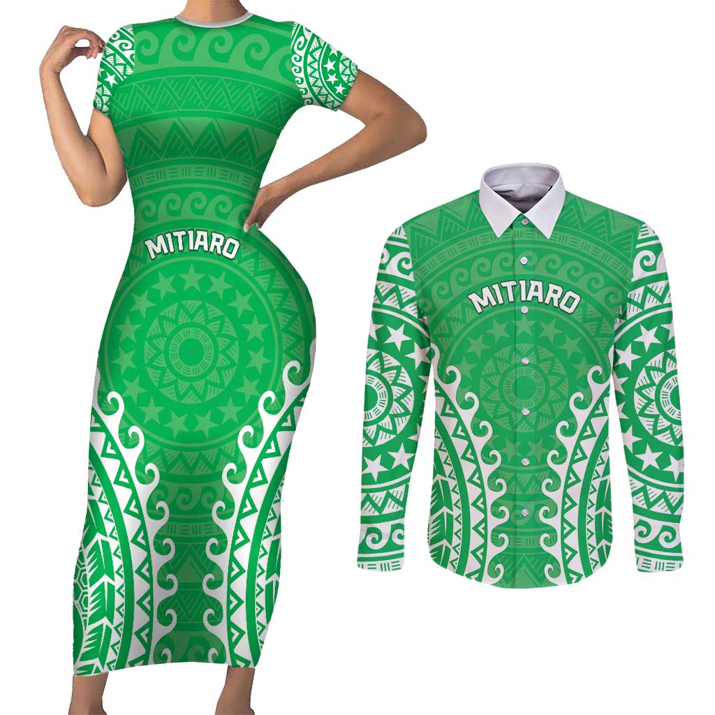 Custom Cook Islands Mitiaro Couples Matching Short Sleeve Bodycon Dress and Long Sleeve Button Shirt Polynesian Tribal Tattoo