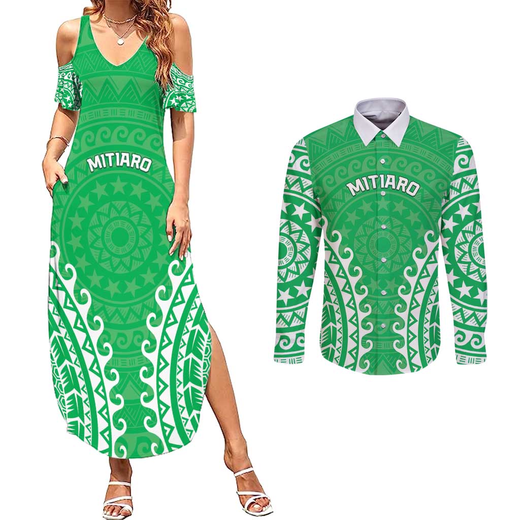 Custom Cook Islands Mitiaro Couples Matching Summer Maxi Dress and Long Sleeve Button Shirt Polynesian Tribal Tattoo