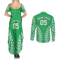 Custom Cook Islands Mitiaro Couples Matching Summer Maxi Dress and Long Sleeve Button Shirt Polynesian Tribal Tattoo