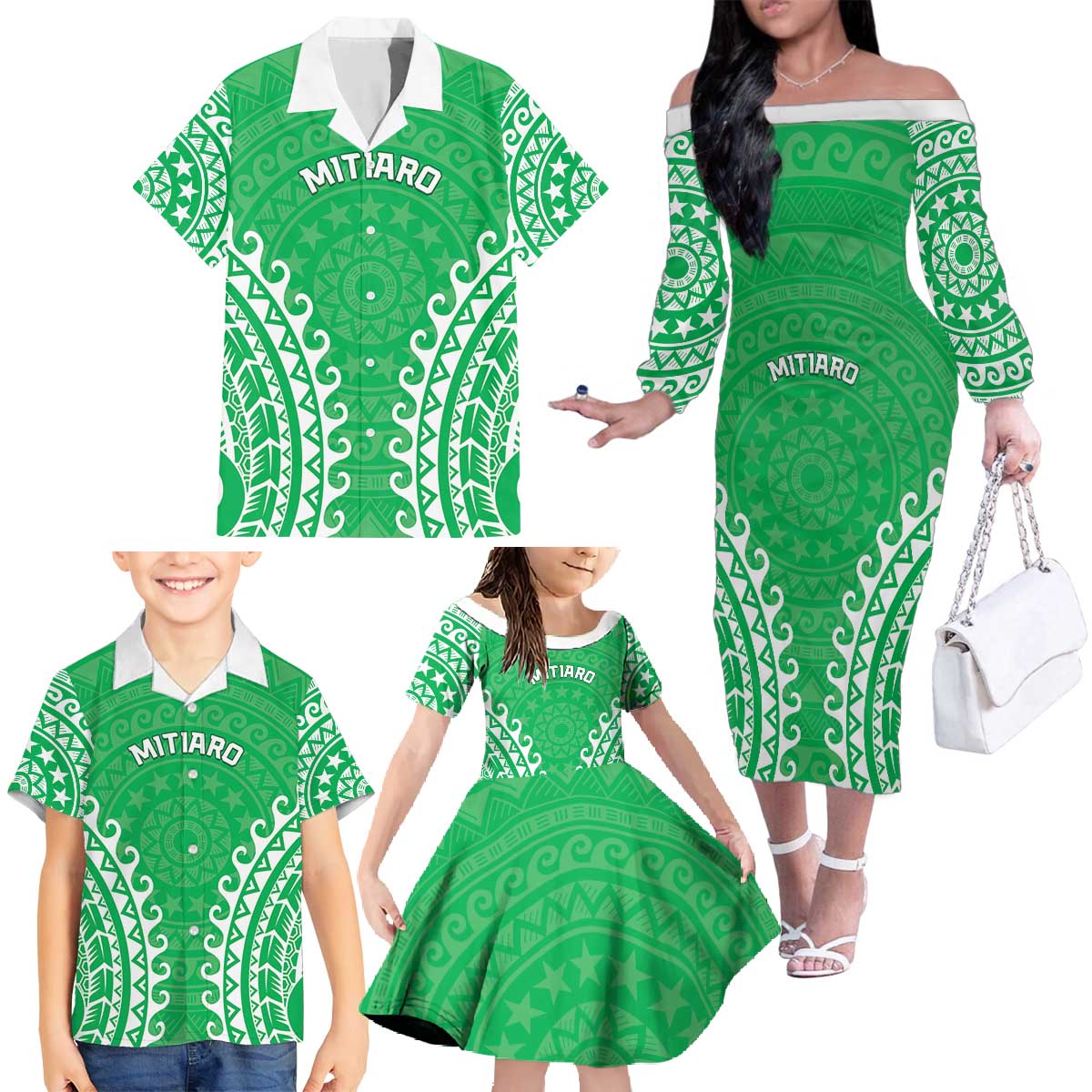 Custom Cook Islands Mitiaro Family Matching Off The Shoulder Long Sleeve Dress and Hawaiian Shirt Polynesian Tribal Tattoo
