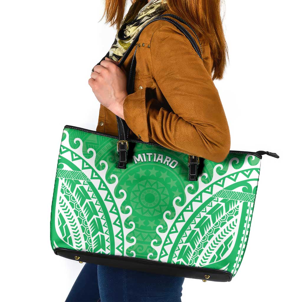 Cook Islands Mitiaro Leather Tote Bag Polynesian Tribal Tattoo LT05 Green - Polynesian Pride