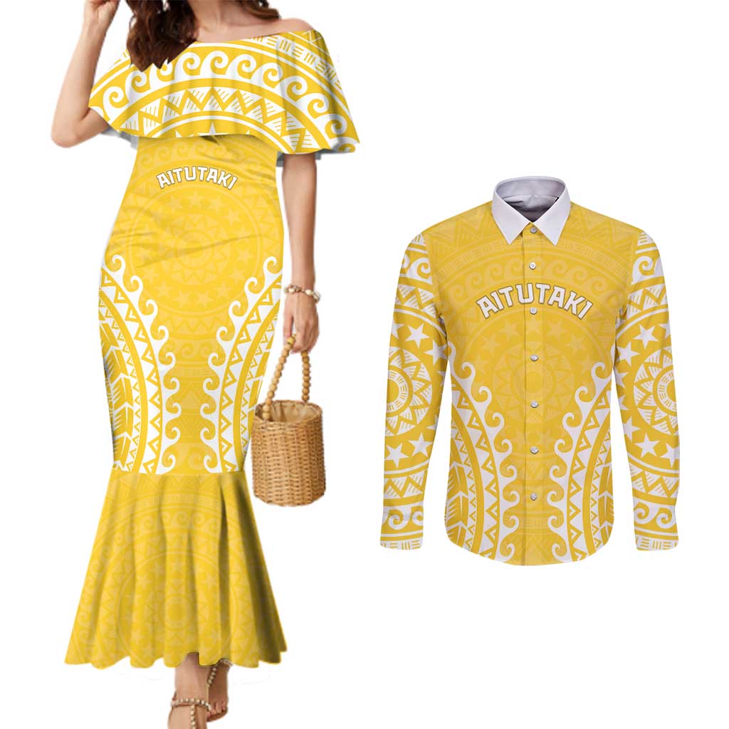 Custom Cook Islands Aitutaki Couples Matching Mermaid Dress and Long Sleeve Button Shirt Polynesian Tribal Tattoo