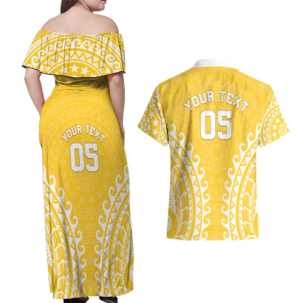 Custom Cook Islands Aitutaki Couples Matching Off Shoulder Maxi Dress and Hawaiian Shirt Polynesian Tribal Tattoo