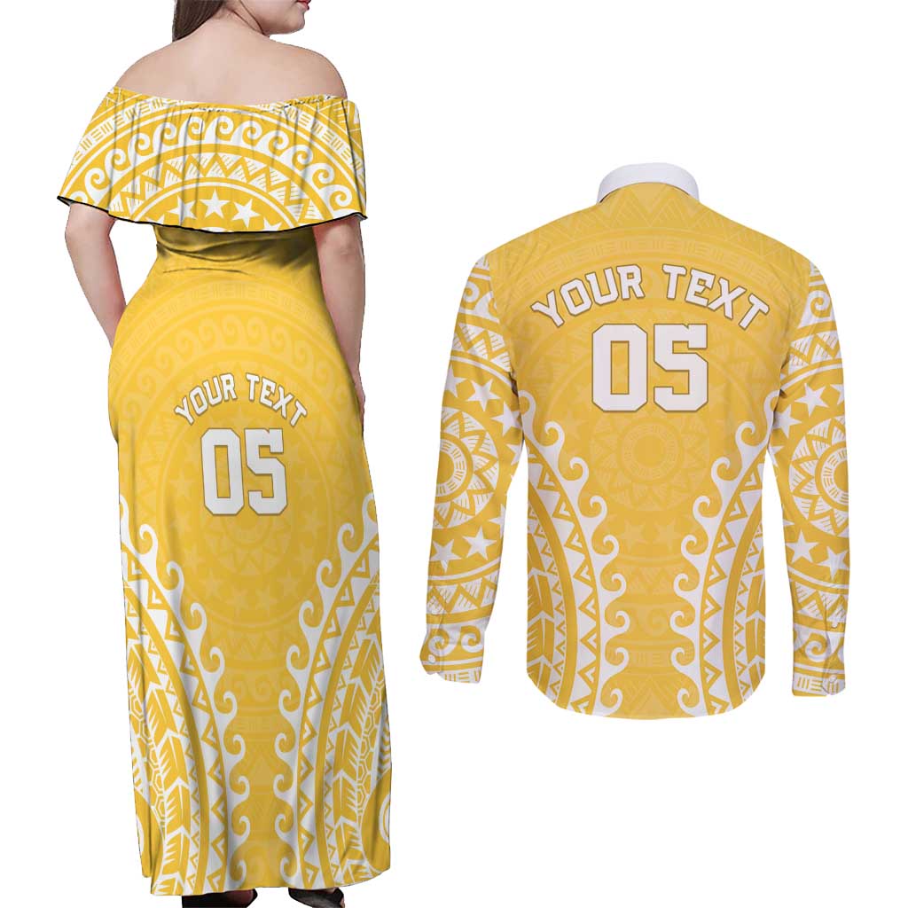 Custom Cook Islands Aitutaki Couples Matching Off Shoulder Maxi Dress and Long Sleeve Button Shirt Polynesian Tribal Tattoo