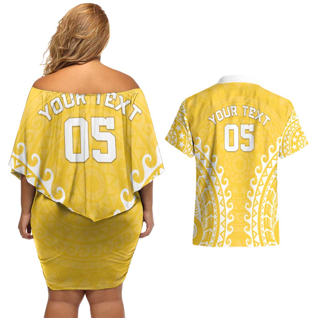 Custom Cook Islands Aitutaki Couples Matching Off Shoulder Short Dress and Hawaiian Shirt Polynesian Tribal Tattoo