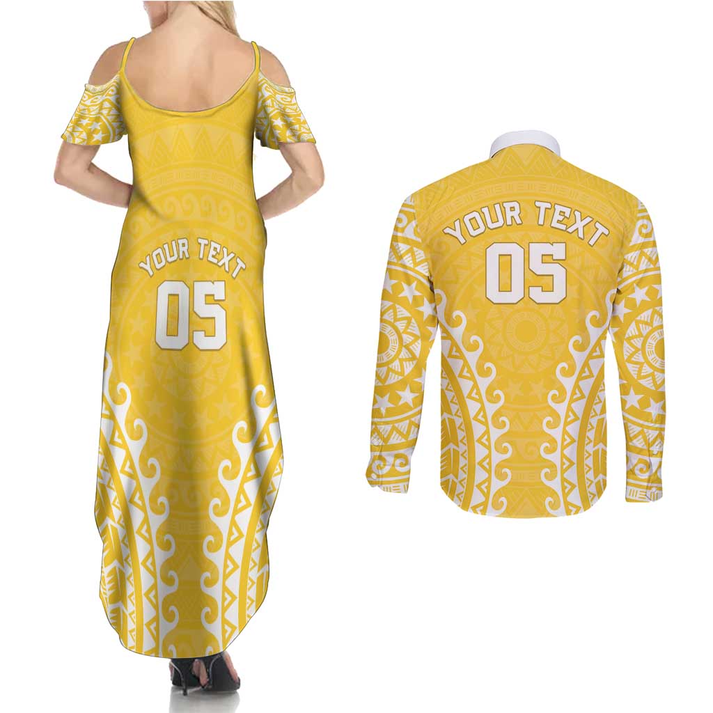 Custom Cook Islands Aitutaki Couples Matching Summer Maxi Dress and Long Sleeve Button Shirt Polynesian Tribal Tattoo