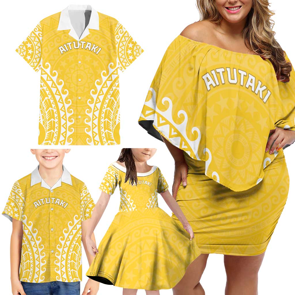 Custom Cook Islands Aitutaki Family Matching Off Shoulder Short Dress and Hawaiian Shirt Polynesian Tribal Tattoo