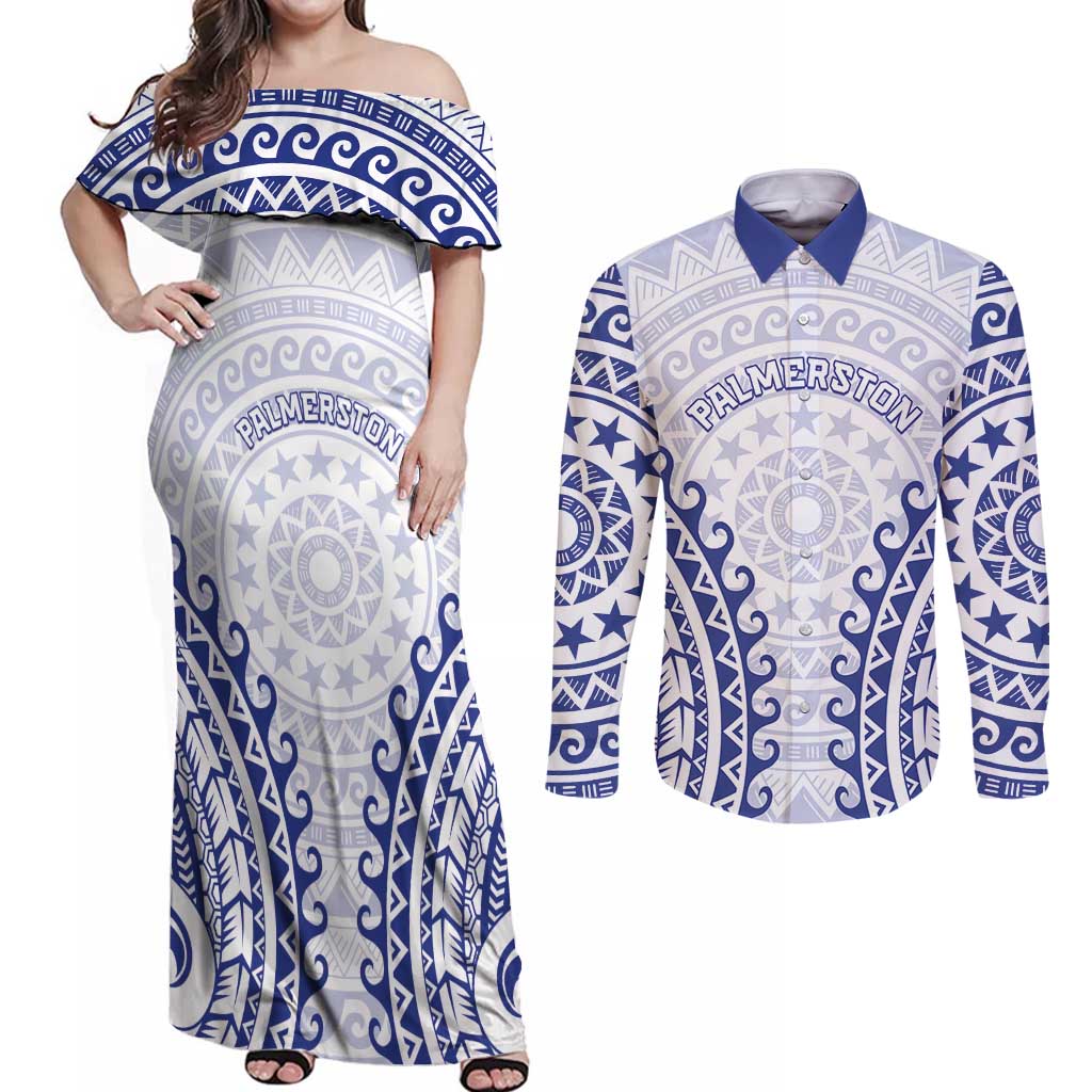 Custom Cook Islands Palmerston Couples Matching Off Shoulder Maxi Dress and Long Sleeve Button Shirt Polynesian Tribal Tattoo