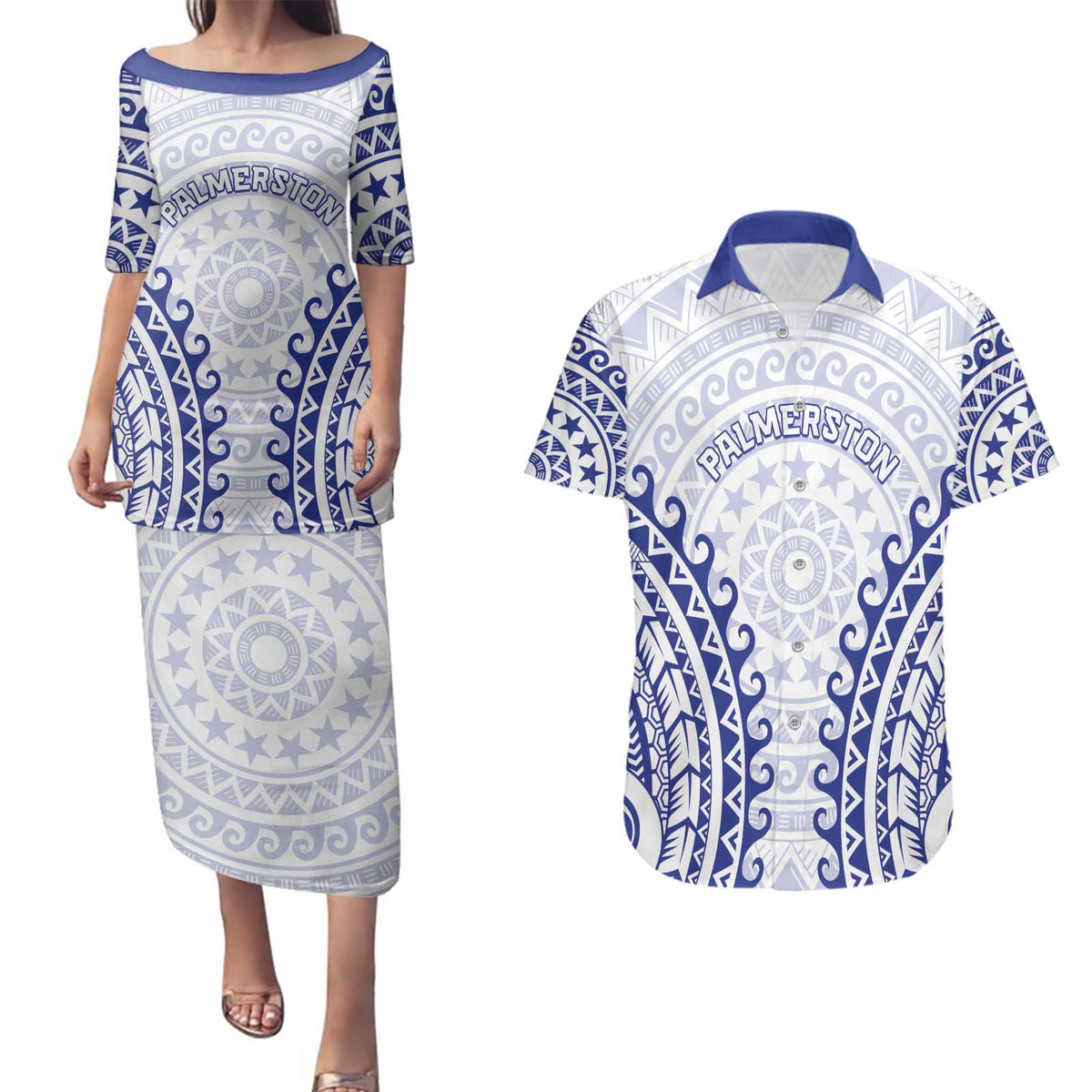 Custom Cook Islands Palmerston Couples Matching Puletasi and Hawaiian Shirt Polynesian Tribal Tattoo