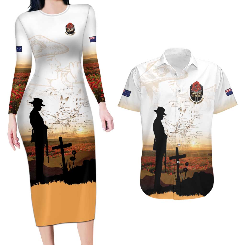 Australia And New Zealand ANZAC Day Couples Matching Long Sleeve Bodycon Dress and Hawaiian Shirt Battle Of Beersheba LT05 Beige - Polynesian Pride