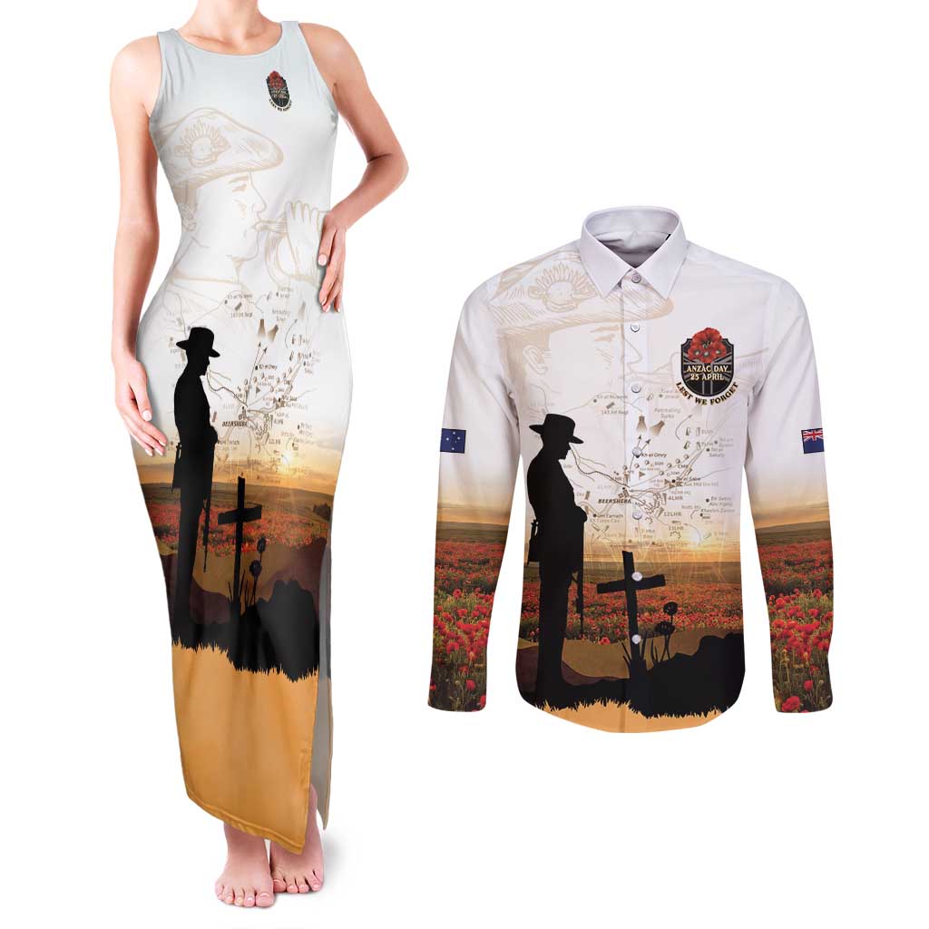 Australia And New Zealand ANZAC Day Couples Matching Tank Maxi Dress and Long Sleeve Button Shirt Battle Of Beersheba LT05 Beige - Polynesian Pride