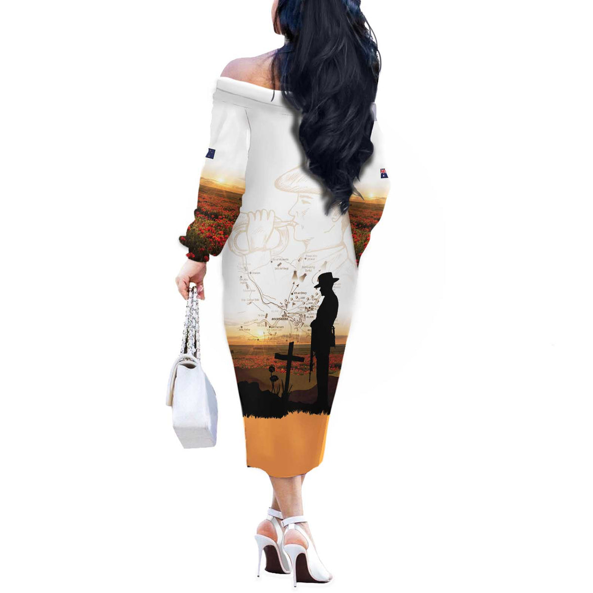 Australia And New Zealand ANZAC Day Off The Shoulder Long Sleeve Dress Battle Of Beersheba LT05 - Polynesian Pride