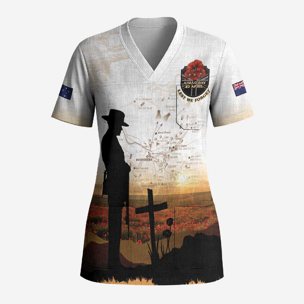 Australia And New Zealand ANZAC Day Scrub Top Battle Of Beersheba LT05 Adult Beige - Polynesian Pride
