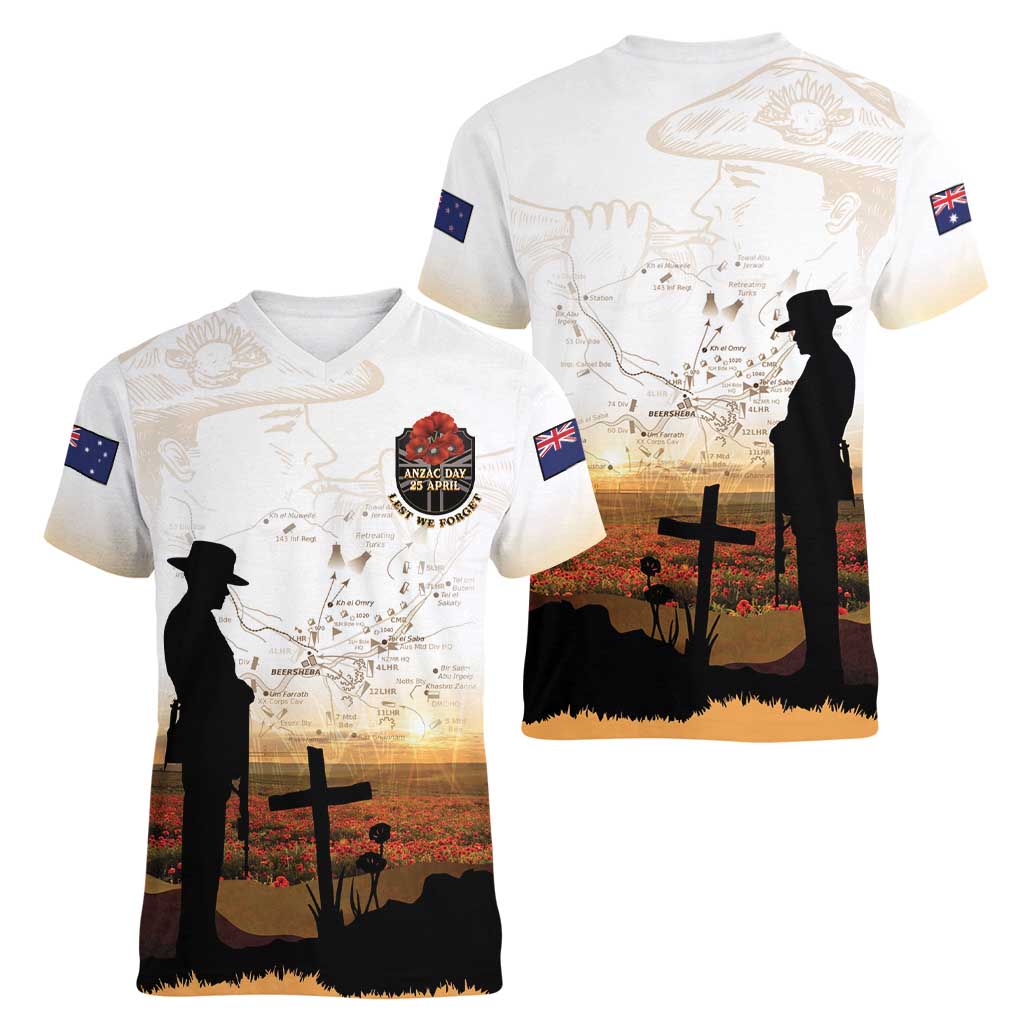 Australia And New Zealand ANZAC Day Women V-Neck T-Shirt Battle Of Beersheba LT05 - Polynesian Pride