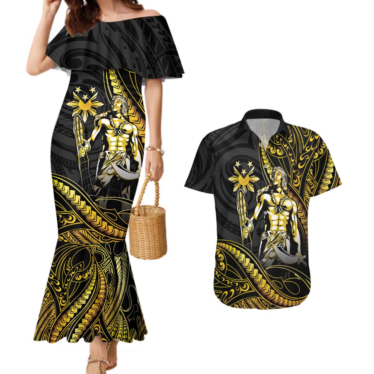 Filipinos Lapu Lapu Hero Couples Matching Mermaid Dress and Hawaiian Shirt Gold Polynesian Tribal Tattoo LT05 Gold - Polynesian Pride