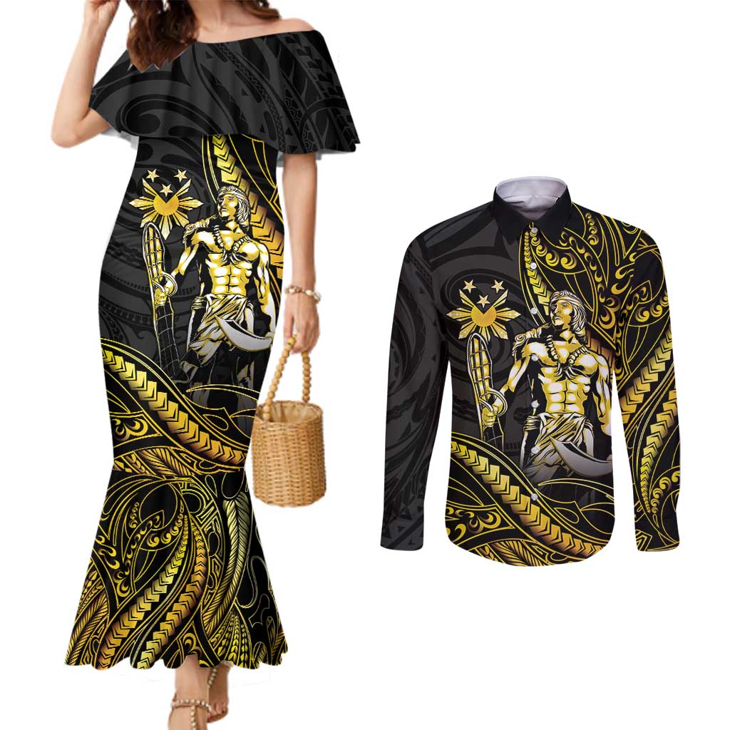 Filipinos Lapu Lapu Hero Couples Matching Mermaid Dress and Long Sleeve Button Shirt Gold Polynesian Tribal Tattoo