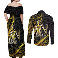 Filipinos Lapu Lapu Hero Couples Matching Off Shoulder Maxi Dress and Long Sleeve Button Shirt Gold Polynesian Tribal Tattoo LT05 - Polynesian Pride