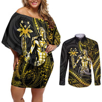 Filipinos Lapu Lapu Hero Couples Matching Off Shoulder Short Dress and Long Sleeve Button Shirt Gold Polynesian Tribal Tattoo LT05 Gold - Polynesian Pride