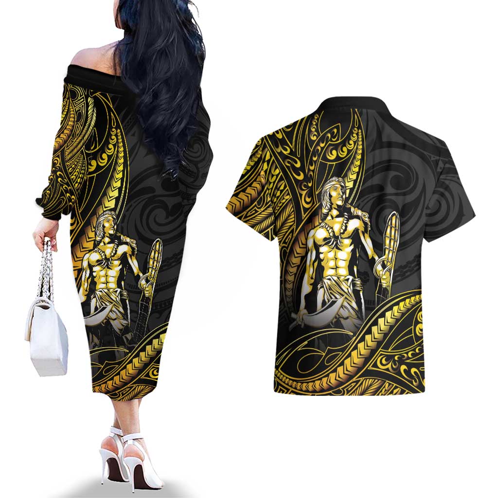 Filipinos Lapu Lapu Hero Couples Matching Off The Shoulder Long Sleeve Dress and Hawaiian Shirt Gold Polynesian Tribal Tattoo LT05 - Polynesian Pride