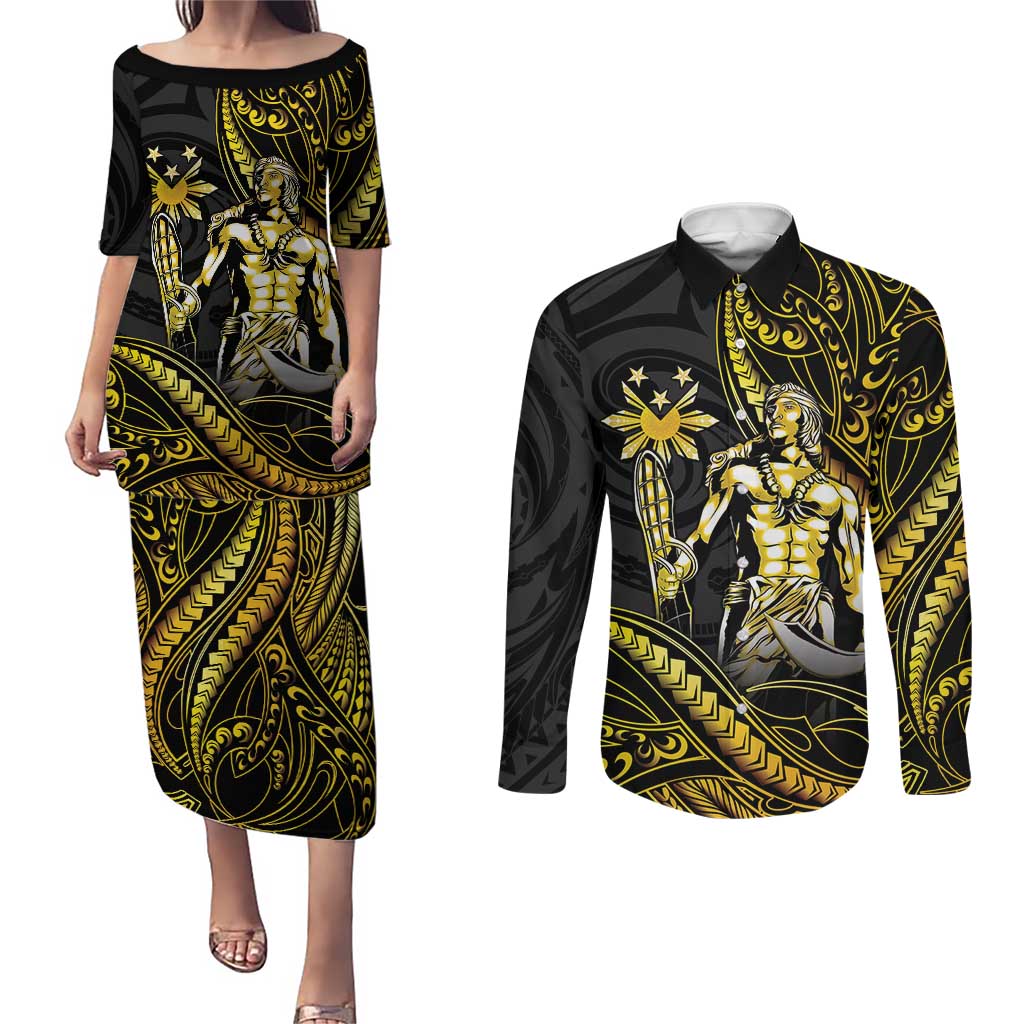 Filipinos Lapu Lapu Hero Couples Matching Puletasi and Long Sleeve Button Shirt Gold Polynesian Tribal Tattoo