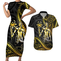 Filipinos Lapu Lapu Hero Couples Matching Short Sleeve Bodycon Dress and Hawaiian Shirt Gold Polynesian Tribal Tattoo LT05 Gold - Polynesian Pride