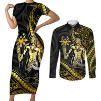 Filipinos Lapu Lapu Hero Couples Matching Short Sleeve Bodycon Dress and Long Sleeve Button Shirt Gold Polynesian Tribal Tattoo